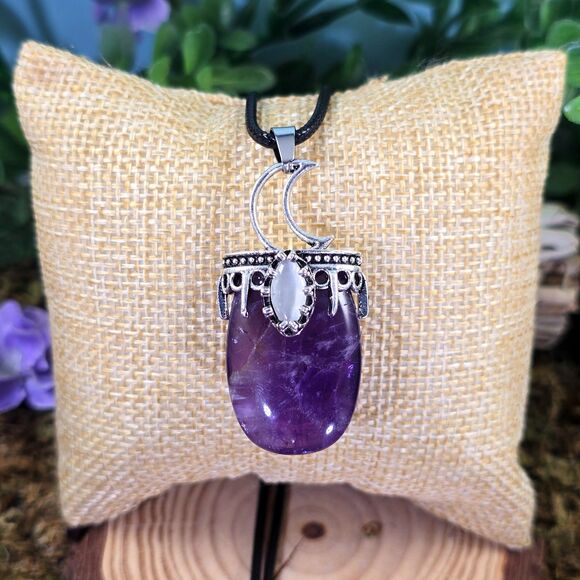 Crescent Moon Amethyst and Moonstone Necklace #30 - Picture 1 of 2